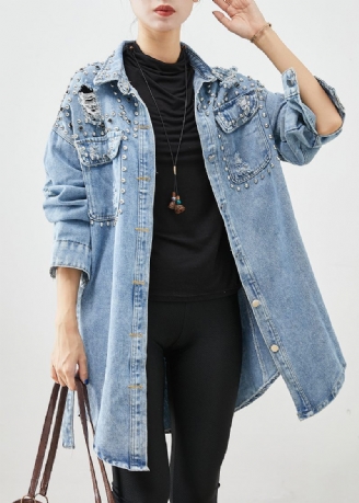 Modern Denim Blue Rivet Cotton Ripped Coats Fall