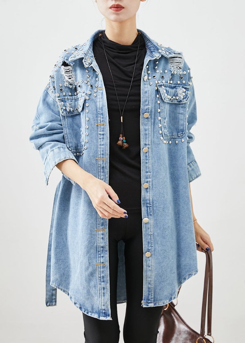 Modern Denim Blue Rivet Cotton Ripped Coats Fall - Trenchcoats för kvinnor