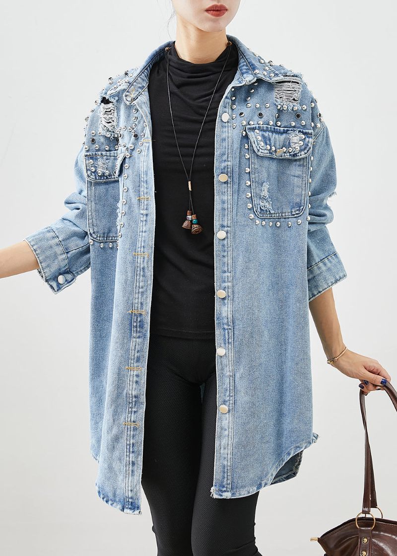 Modern Denim Blue Rivet Cotton Ripped Coats Fall - Trenchcoats för kvinnor