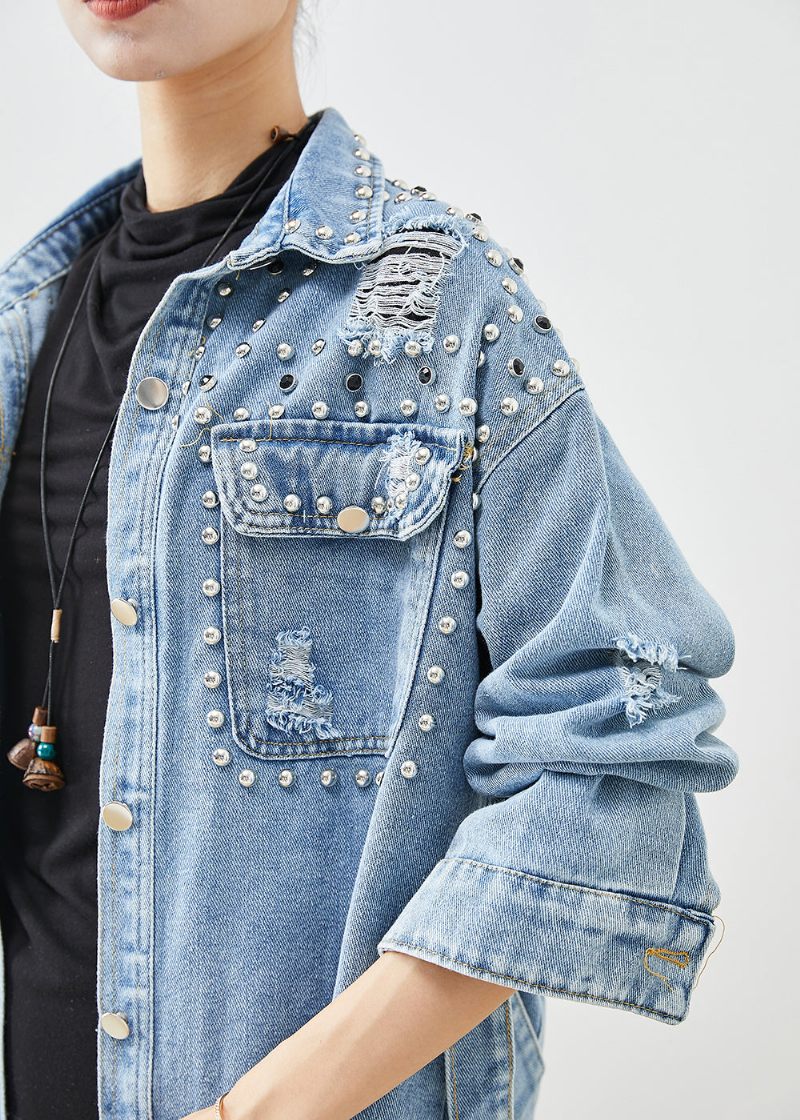 Modern Denim Blue Rivet Cotton Ripped Coats Fall - Trenchcoats för kvinnor