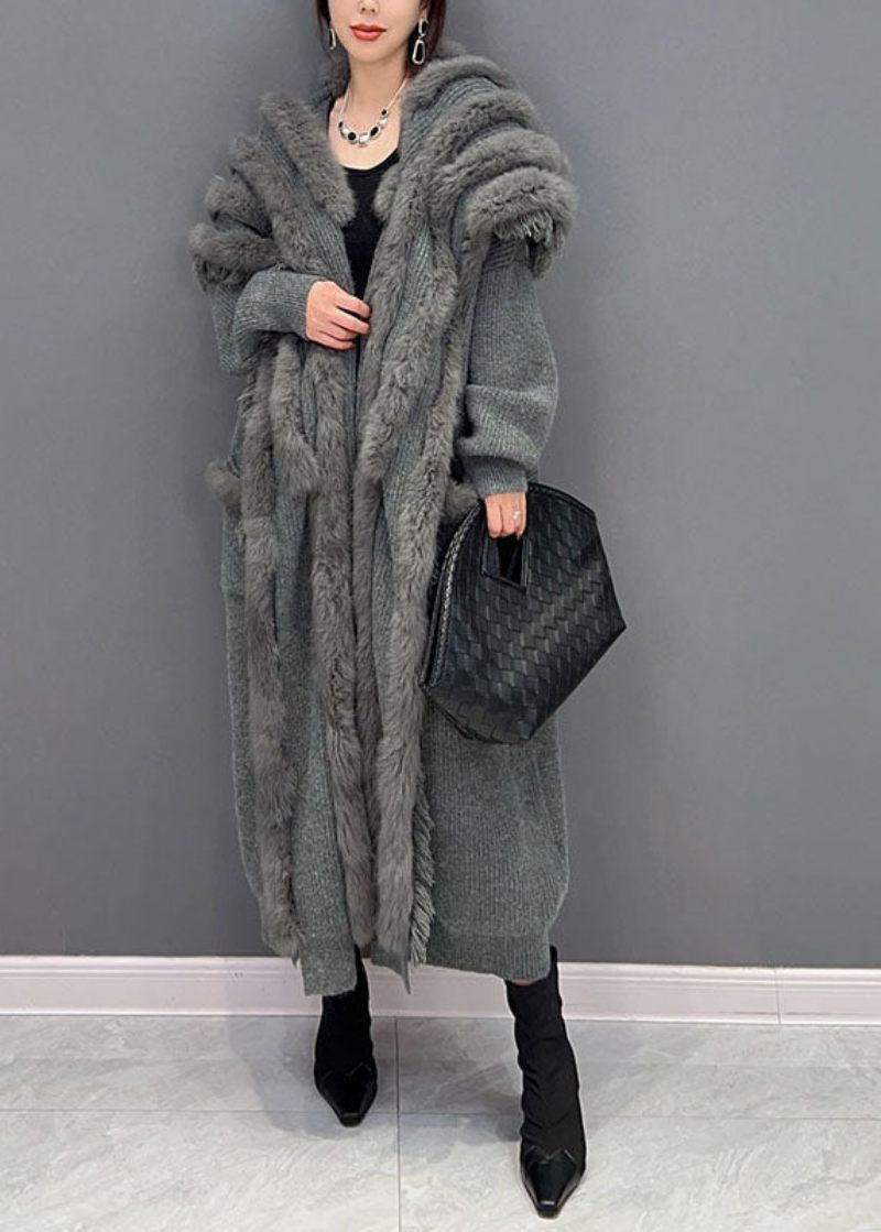 Modern Grå Oversized Patchwork Mink Hår Stickad Lös Cardigan Vinter - Koftor för kvinnor