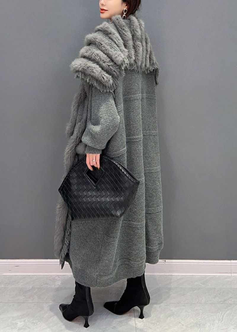 Modern Grå Oversized Patchwork Mink Hår Stickad Lös Cardigan Vinter - Koftor för kvinnor