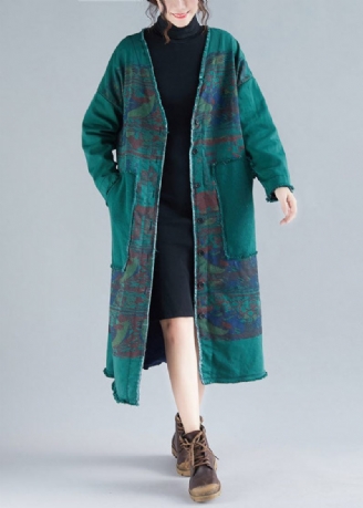 Modern Grön V-hals Patchwork Varm Fleece Lösa Cardigans Vinter