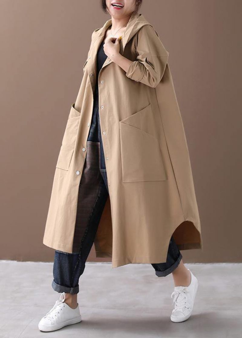 Modern Huva Stora Fickor Fina Kläder För Kvinnor Khaki Baggy Coat