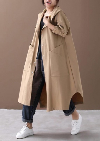 Modern Huva Stora Fickor Fina Kläder För Kvinnor Khaki Baggy Coat