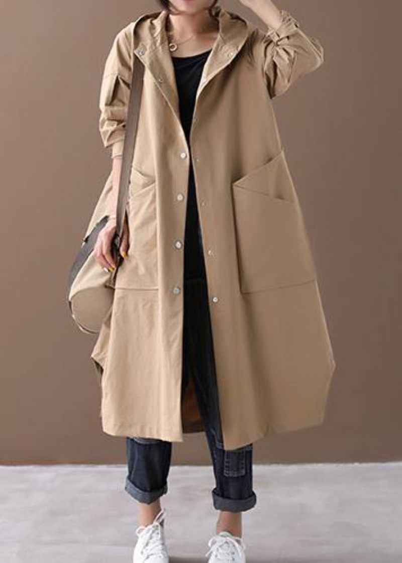 Modern Huva Stora Fickor Fina Kläder För Kvinnor Khaki Baggy Coat - Khaki