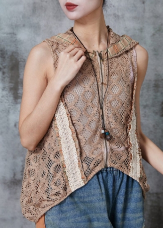 Modern Khaki Hooded Hollow Out Knit Cardigan Summer