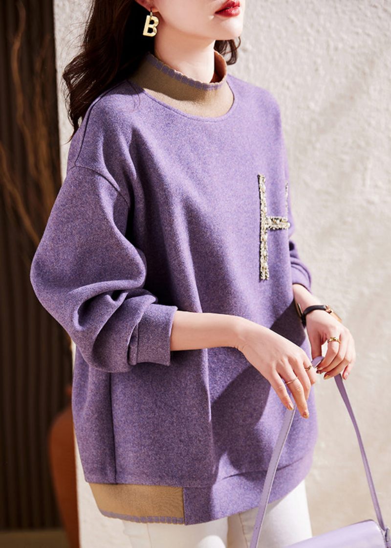 Modern Lila Half Hign Neck Nail Bead Patchwork Woolen Pullover Sweatshirt Fall