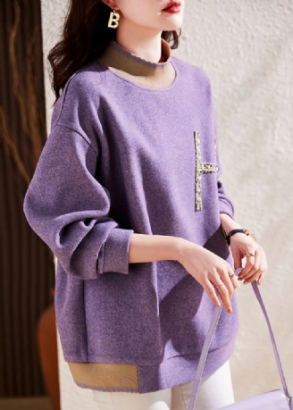 Modern Lila Half Hign Neck Nail Bead Patchwork Woolen Pullover Sweatshirt Fall