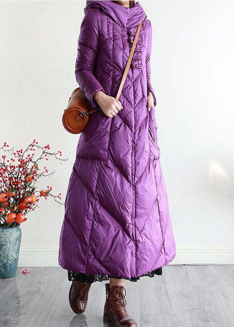 Modern Lila Hooded Oriental Button Förläng Duck Down Puffer Coat Vinter - Dunjackor för kvinnor