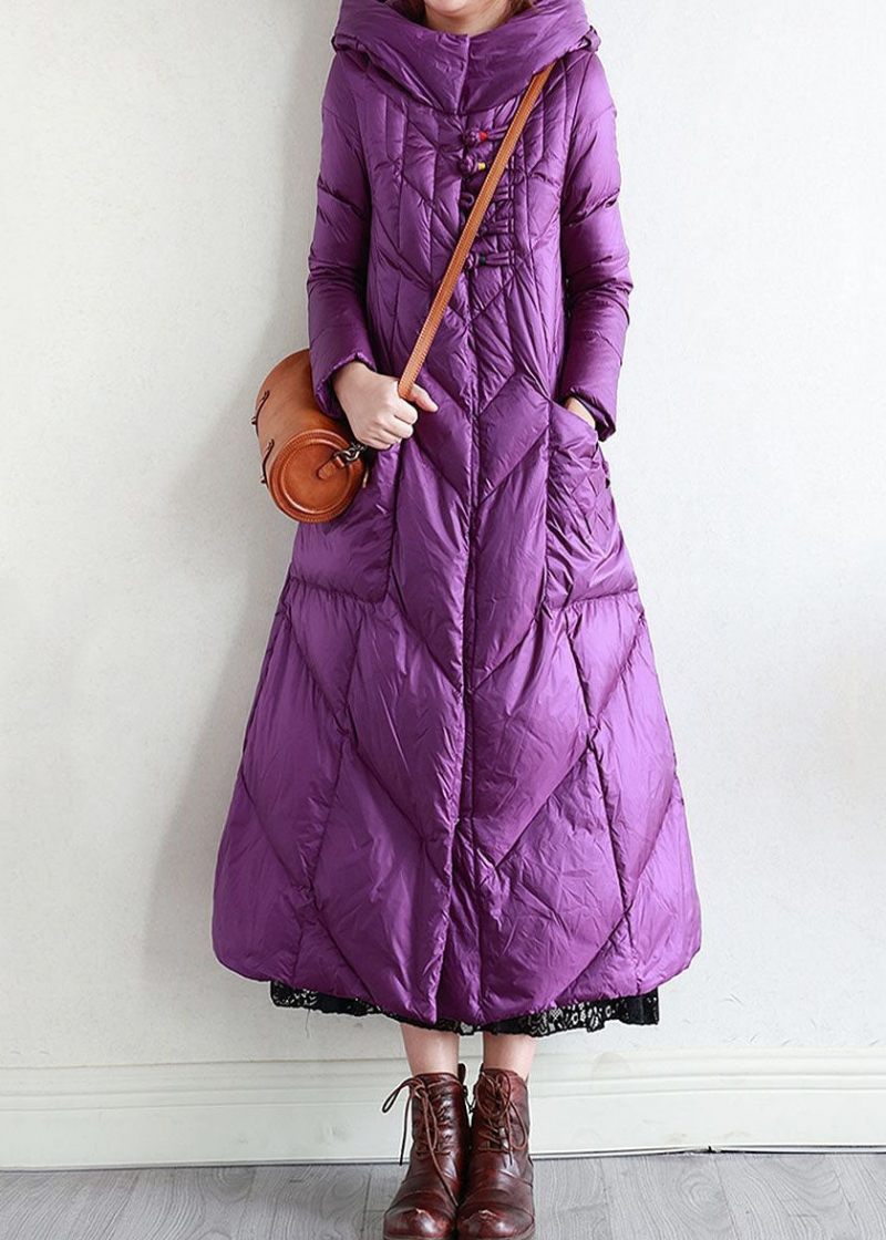 Modern Lila Hooded Oriental Button Förläng Duck Down Puffer Coat Vinter - Dunjackor för kvinnor