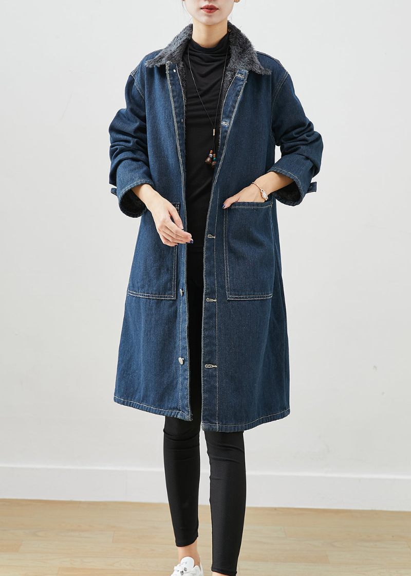 Modern Marinblå Peter Pan Krage Fickor Varm Fleece Jeansrockar Vinter - Trenchcoats för kvinnor