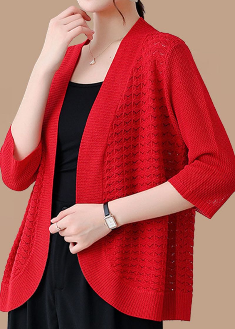 Modern Orange Hollow Out Patchwork Tunn Stickad Cardigan Armband Sleeve