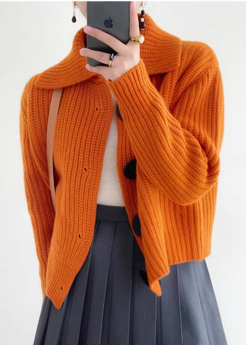 Modern Orange Peter Pan Krage Button Down Stickad Cardigan Winter - Koftor för kvinnor