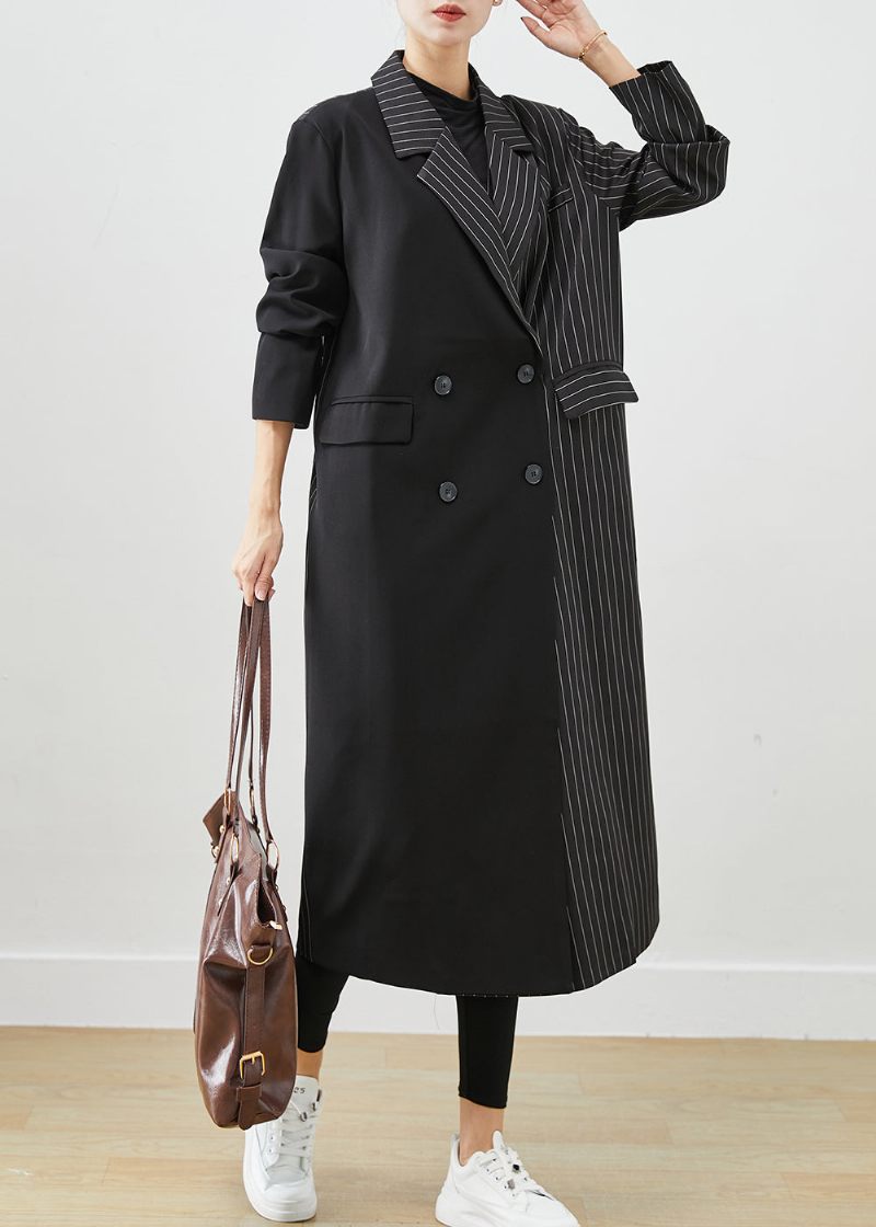 Modern Svart Asymmetrisk Randig Spandex Trench Fall - Trenchcoats för kvinnor