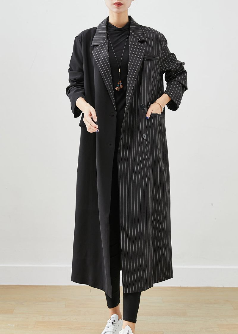 Modern Svart Asymmetrisk Randig Spandex Trench Fall - Trenchcoats för kvinnor