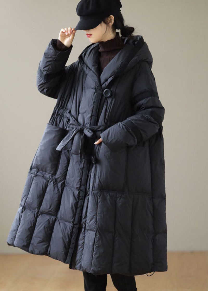 Modern Svart Huva Patchwork Tie Midja Duck Down Puffer Jacka Vinter - Dunjackor för kvinnor