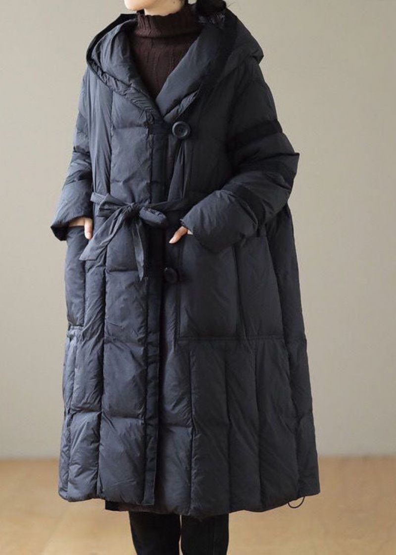 Modern Svart Huva Patchwork Tie Midja Duck Down Puffer Jacka Vinter - Dunjackor för kvinnor