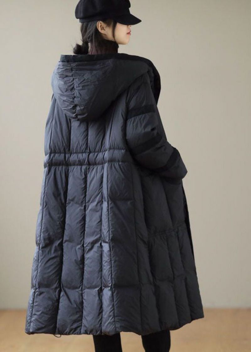 Modern Svart Huva Patchwork Tie Midja Duck Down Puffer Jacka Vinter - Dunjackor för kvinnor