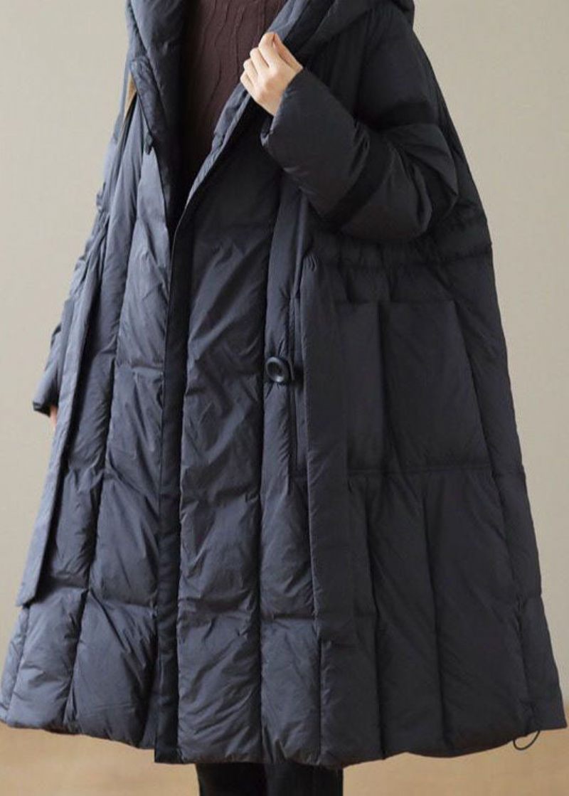 Modern Svart Huva Patchwork Tie Midja Duck Down Puffer Jacka Vinter - Dunjackor för kvinnor