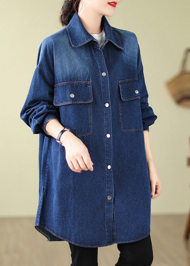 Moderna Denimblå Överdimensionerade Fickor Bomull Coat Spring - Trenchcoats för kvinnor