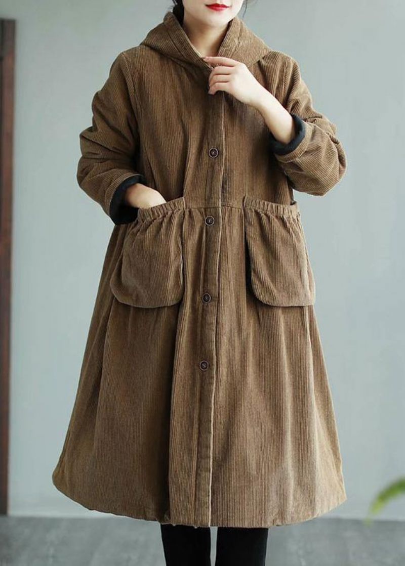 Moderna Hooded Pockets Mode Maxi Coat Khaki Daily Outwear