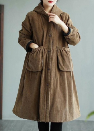 Moderna Hooded Pockets Mode Maxi Coat Khaki Daily Outwear