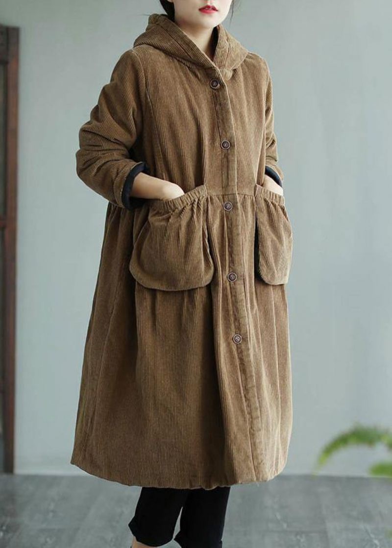 Moderna Hooded Pockets Mode Maxi Coat Khaki Daily Outwear - Khaki