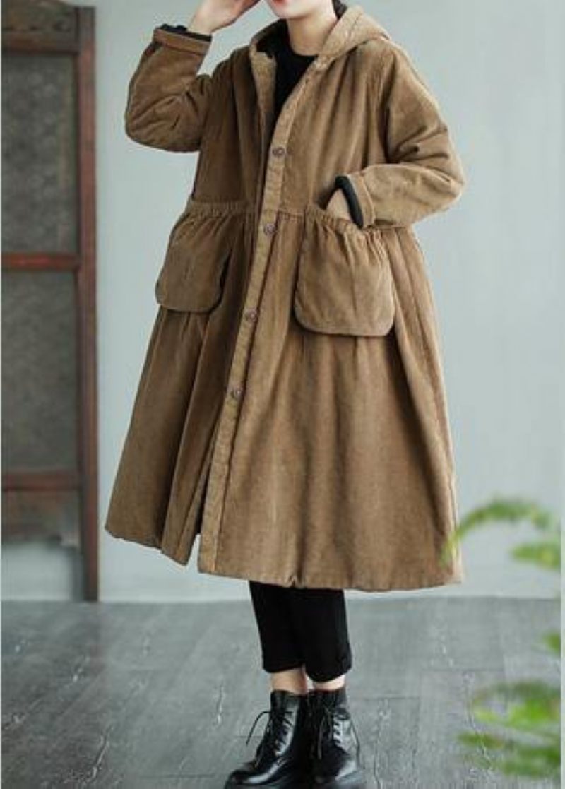 Moderna Hooded Pockets Mode Maxi Coat Khaki Daily Outwear - Khaki