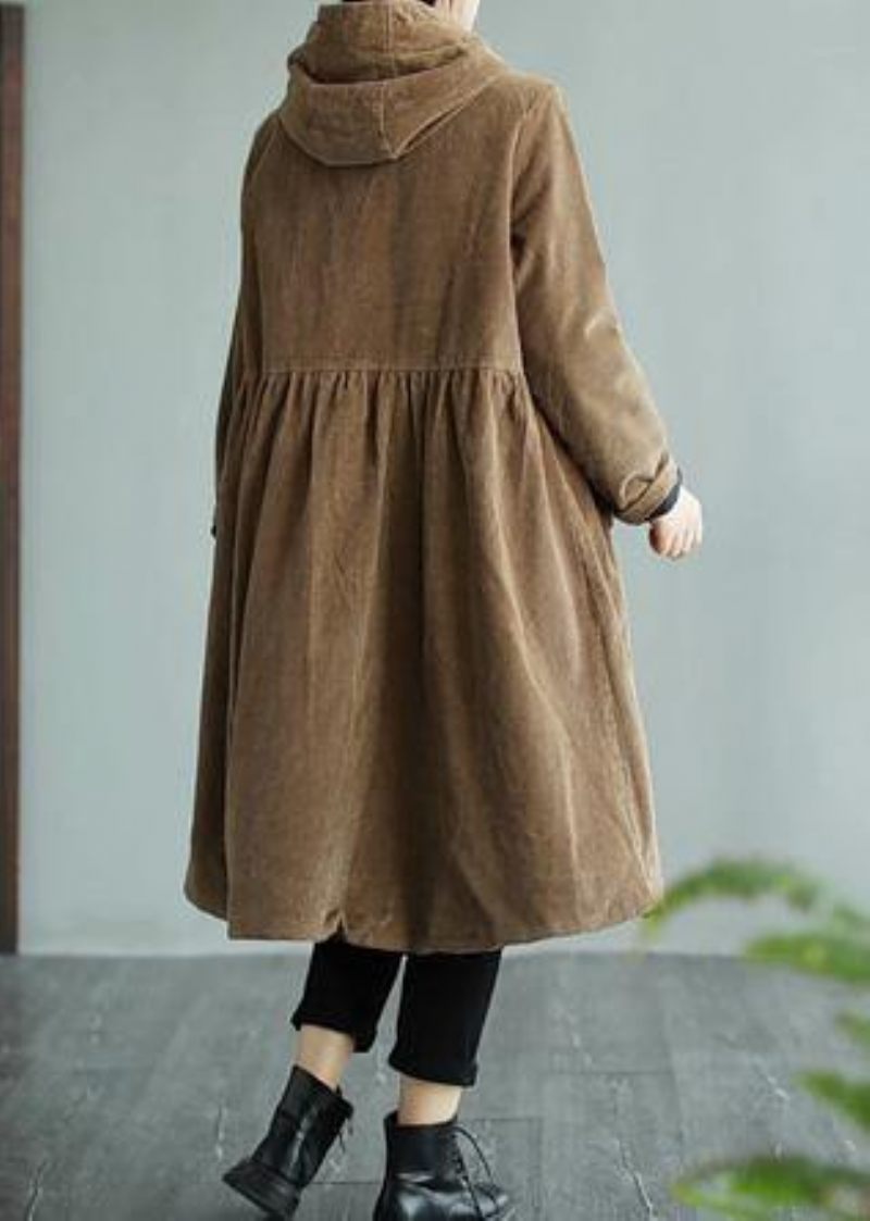 Moderna Hooded Pockets Mode Maxi Coat Khaki Daily Outwear - Khaki