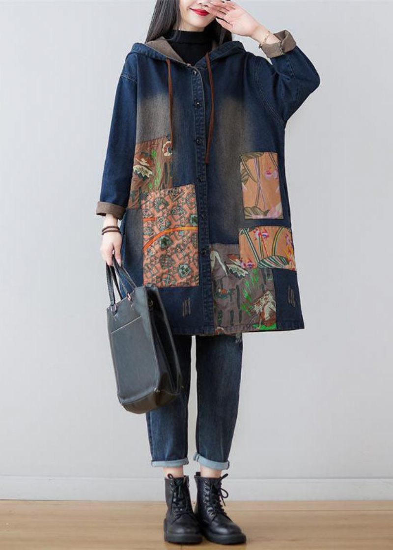 Moderna Marinblå Hooded Patchwork Print Denim Coats Spring