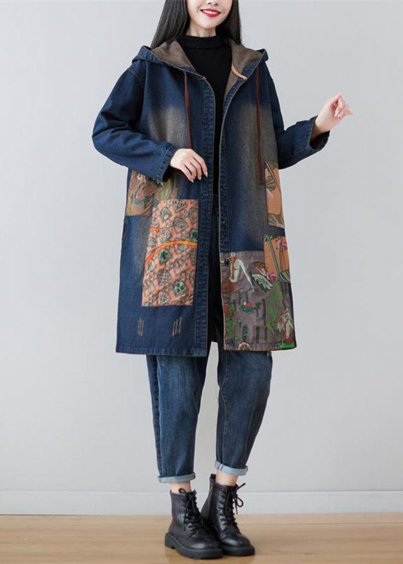 Moderna Marinblå Hooded Patchwork Print Denim Coats Spring - Trenchcoats för kvinnor