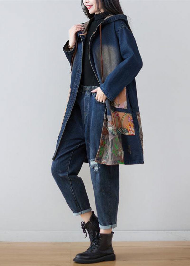 Moderna Marinblå Hooded Patchwork Print Denim Coats Spring - Trenchcoats för kvinnor