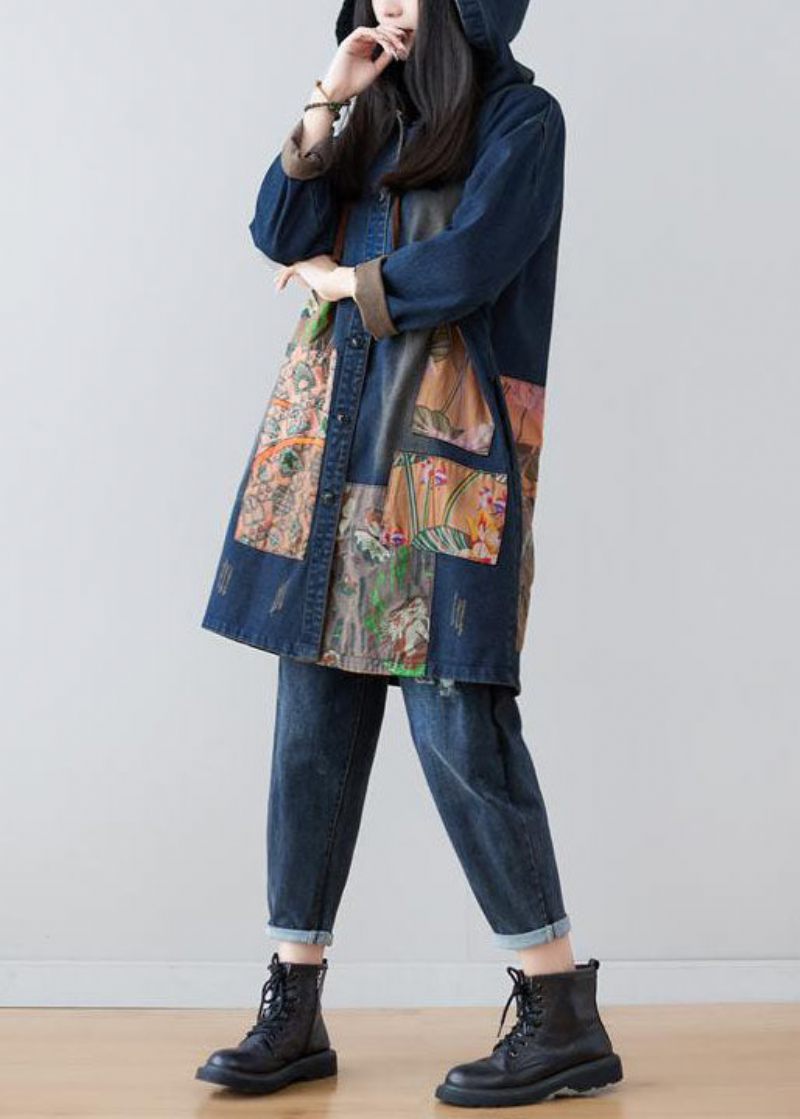 Moderna Marinblå Hooded Patchwork Print Denim Coats Spring - Trenchcoats för kvinnor