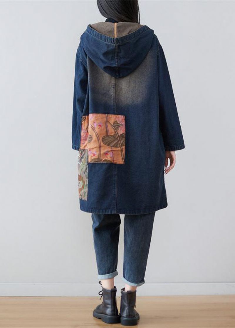 Moderna Marinblå Hooded Patchwork Print Denim Coats Spring - Trenchcoats för kvinnor