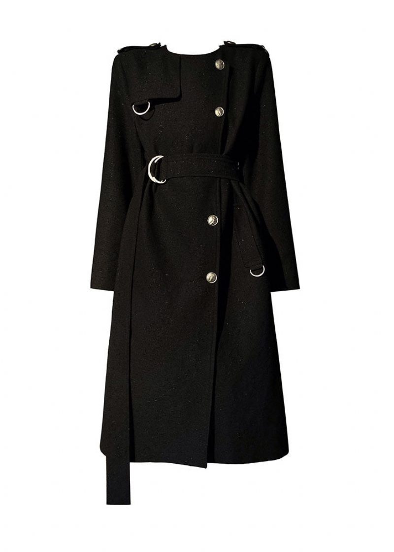 Moderna Svarta O-halsade Skärp Original Design Ull Trench Långärmad - Trenchcoats för kvinnor