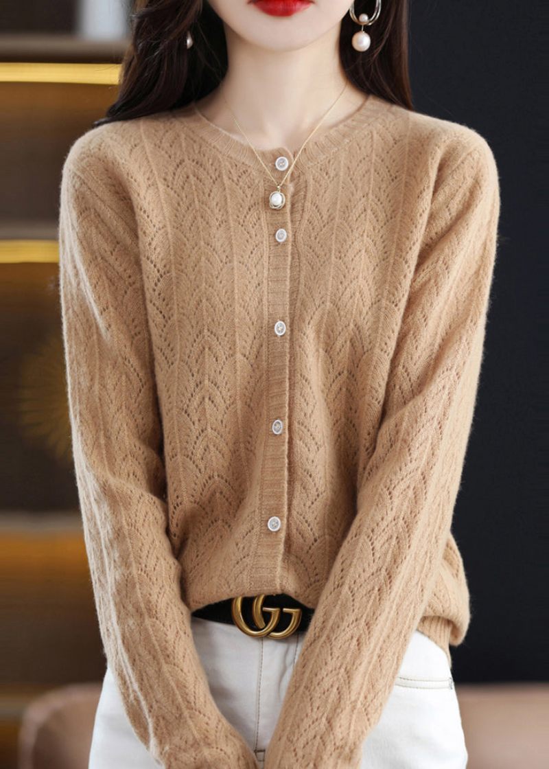 Monterad Beige O-hals Hollow Out Button Patchwork Woolen Cardigans Fall - Ullrockar för kvinnor