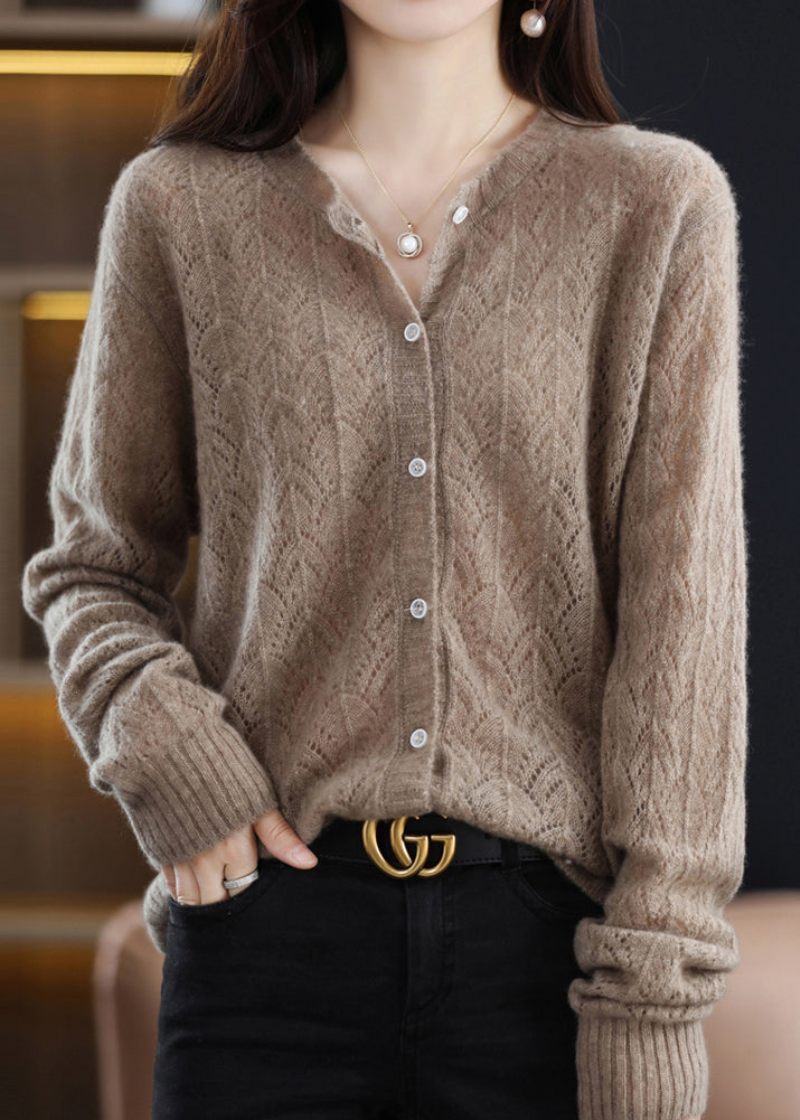 Monterad Beige O-hals Hollow Out Button Patchwork Woolen Cardigans Fall - Ullrockar för kvinnor