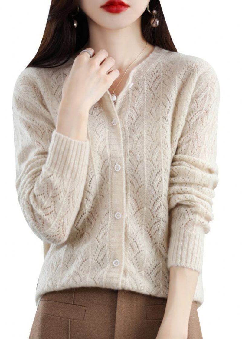 Monterad Beige O-hals Hollow Out Button Patchwork Woolen Cardigans Fall - Ullrockar för kvinnor