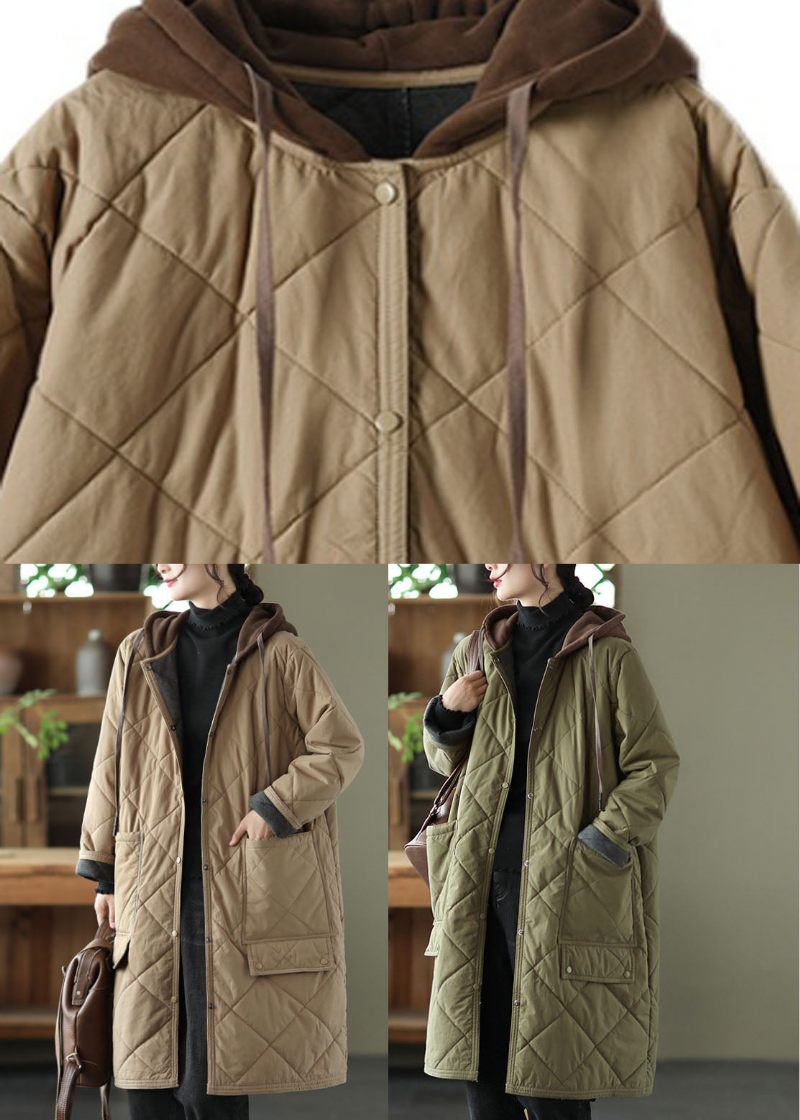 Monterad Khaki Zippered Pläd Patchwork Hooded Parka Winter - Kaki