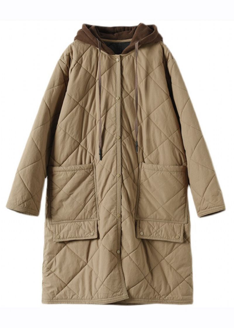 Monterad Khaki Zippered Pläd Patchwork Hooded Parka Winter - Kaki