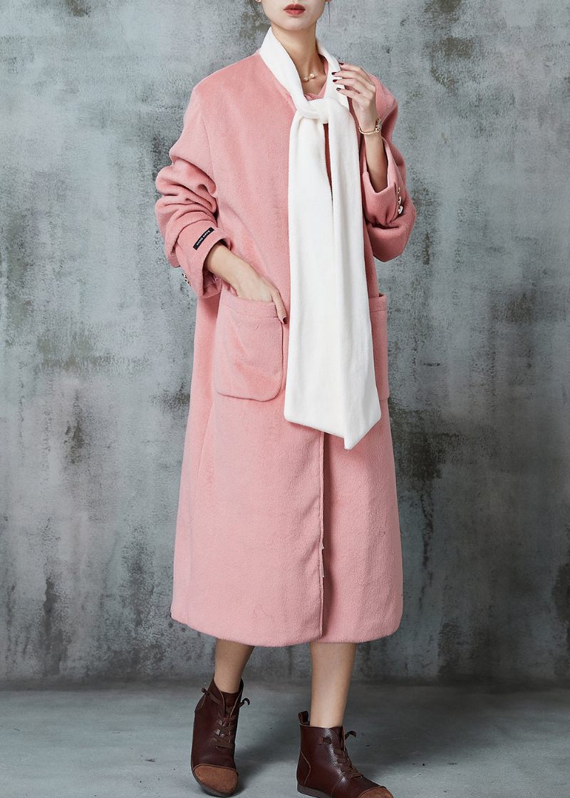 Monterad Rosa Oversized Patchwork Bow Woolen Coat Spring - Ullrockar för kvinnor