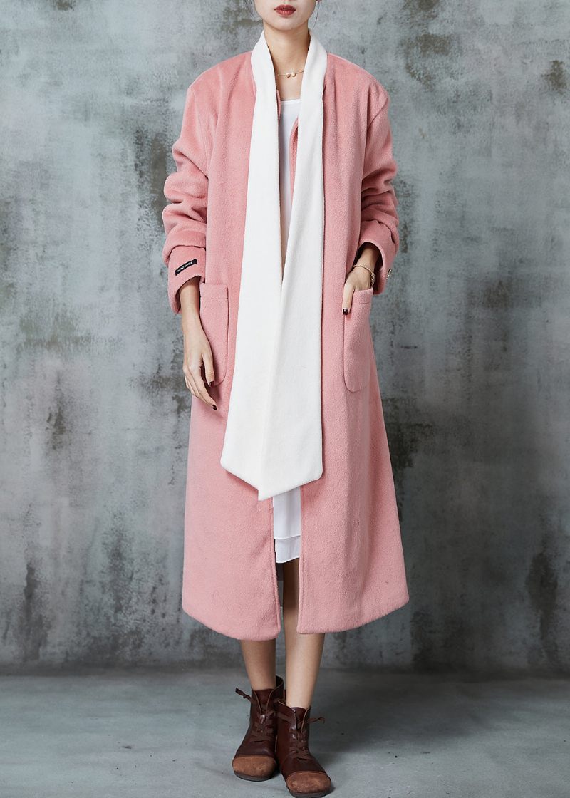 Monterad Rosa Oversized Patchwork Bow Woolen Coat Spring - Ullrockar för kvinnor