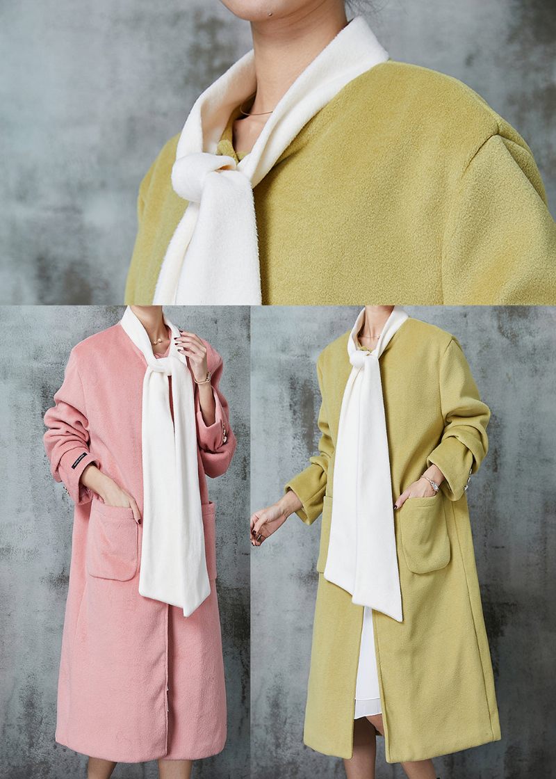 Monterad Rosa Oversized Patchwork Bow Woolen Coat Spring - Ullrockar för kvinnor