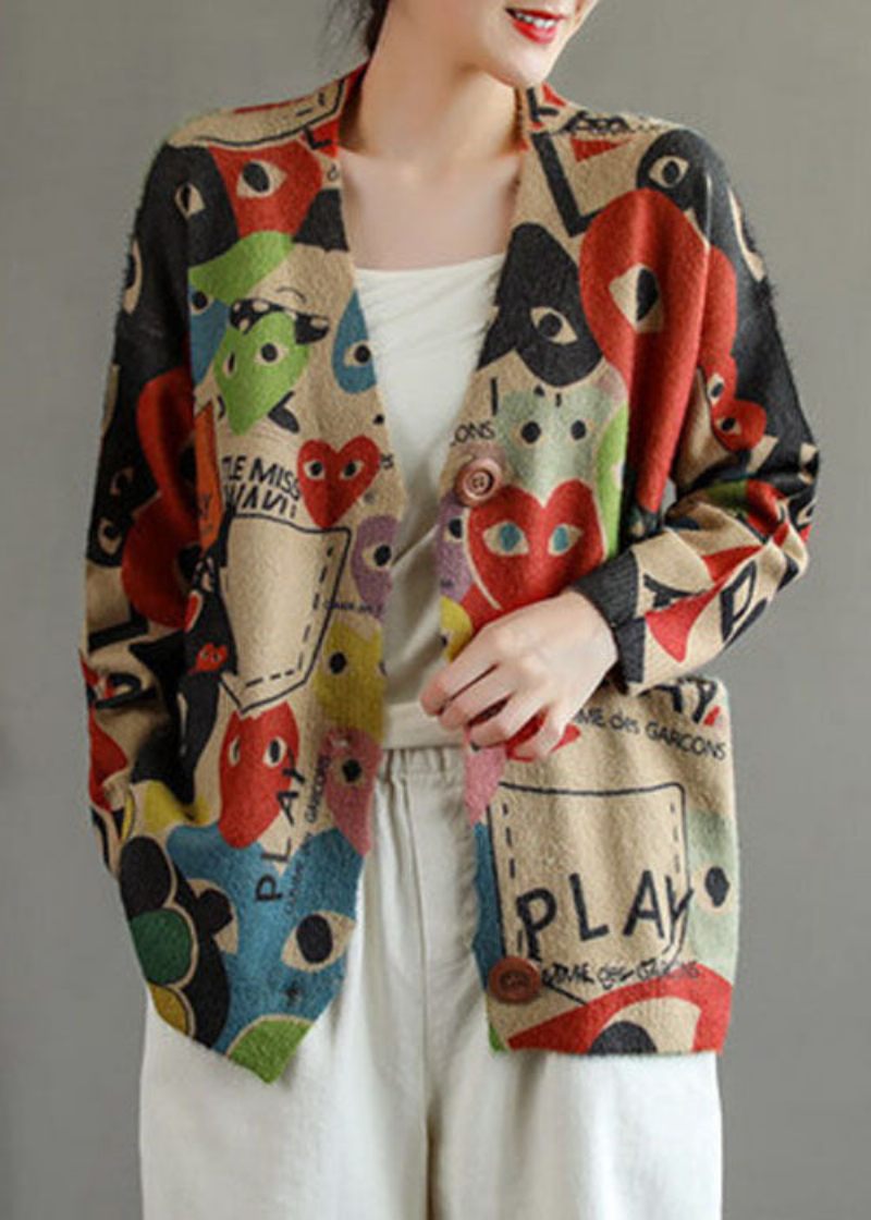 Monterad Svart Röd Oversized Print Mink Hair Stickad Cardigan Spring