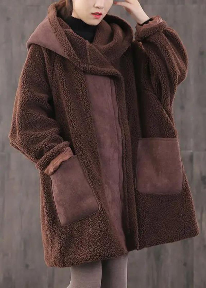 Monterade Fickor Med Choklad Dragkedja Lösa Tjock Vinter Långärmad Hooded Coat