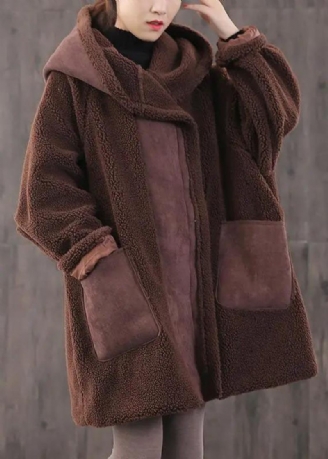 Monterade Fickor Med Choklad Dragkedja Lösa Tjock Vinter Långärmad Hooded Coat