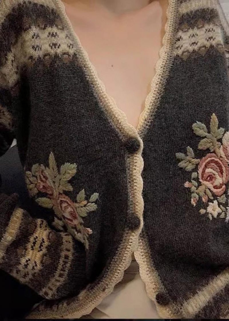 Monterade Grå Broderade Blommiga Stickade Cardigans Vår - Koftor för kvinnor