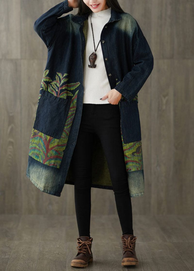 Monterade Marinblå Peter Pan Krage Fickor Print Denim Trench Spring