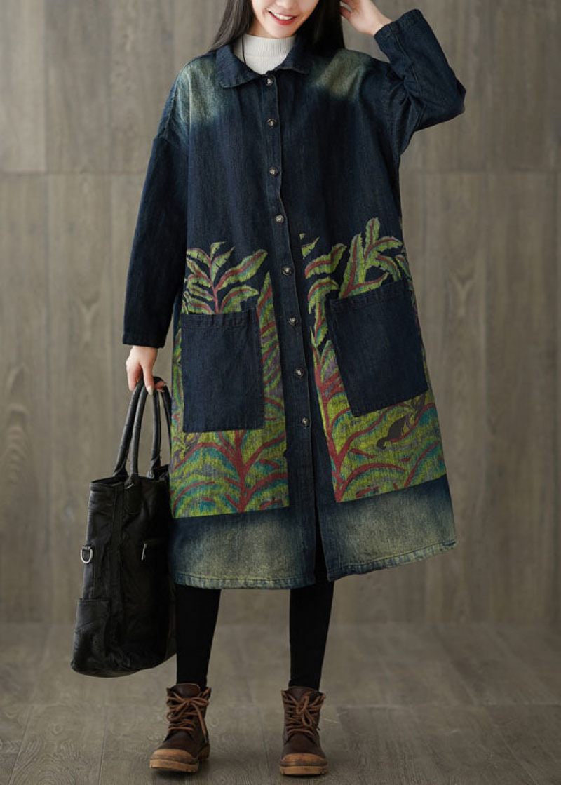 Monterade Marinblå Peter Pan Krage Fickor Print Denim Trench Spring - Trenchcoats för kvinnor